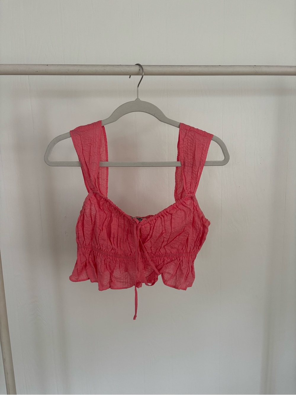 Ciao Lucia Coral Pink Crinkled Tie-Front Crop Top